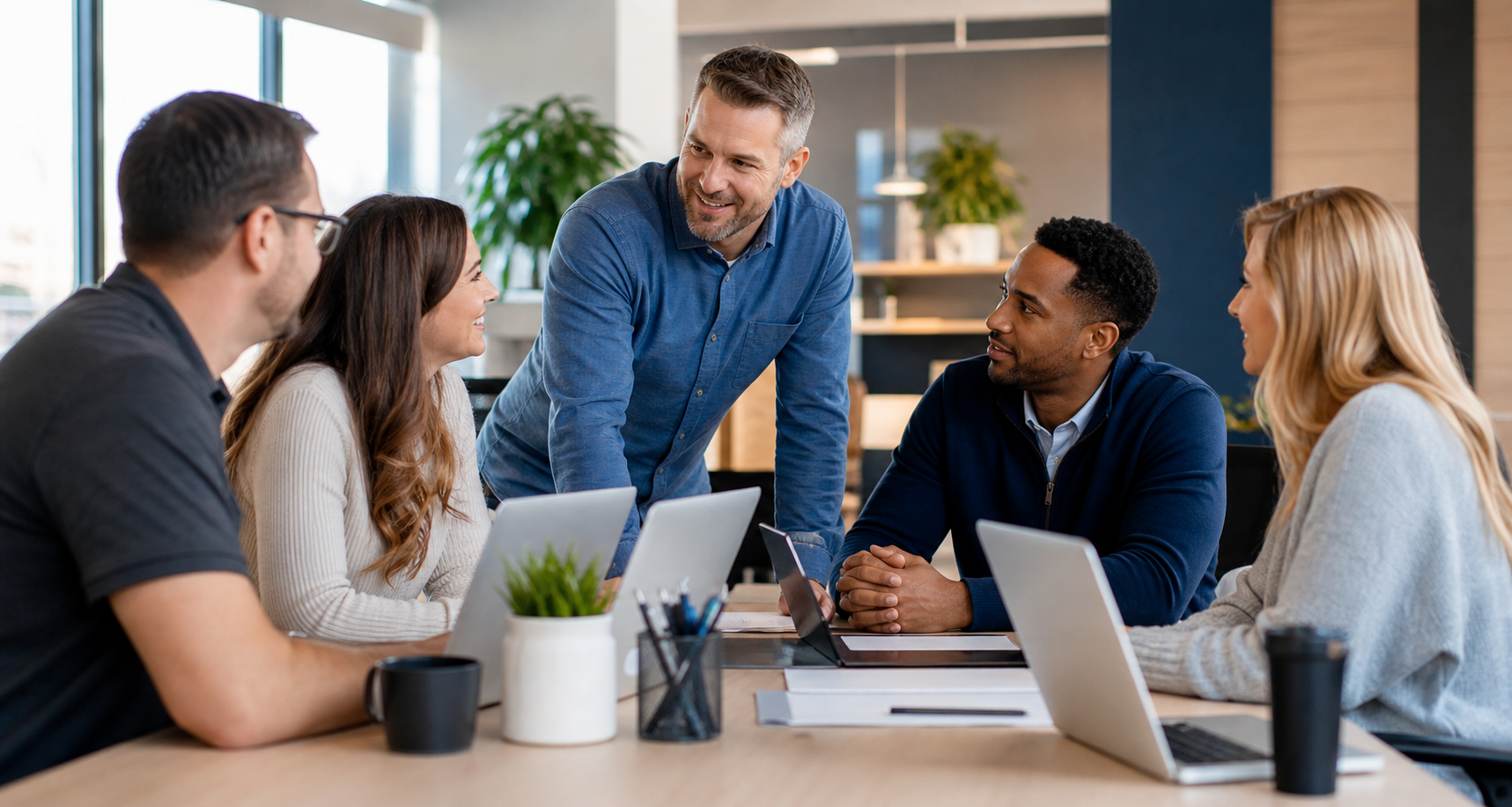 Professional technology team collaborating in a modern office