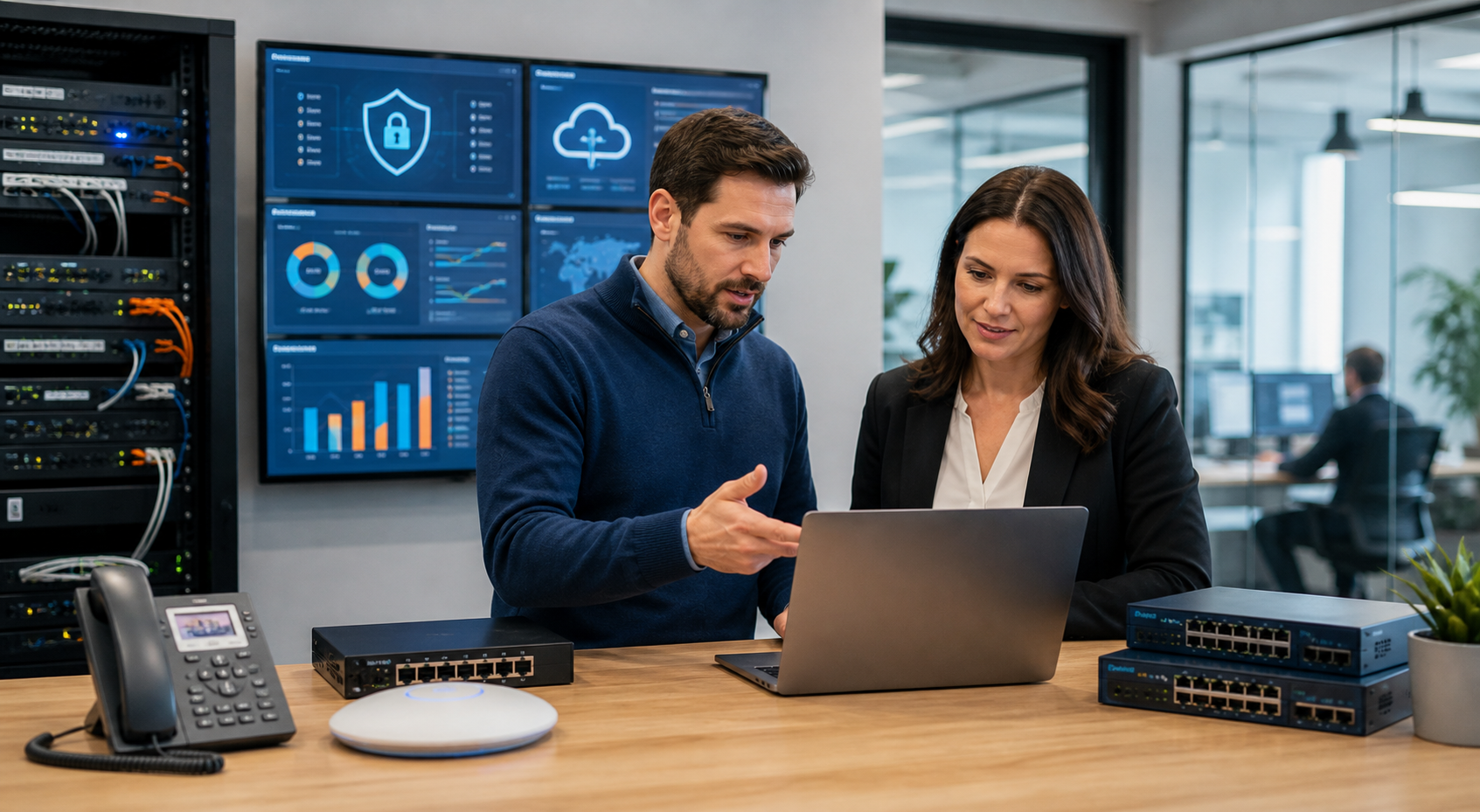 Managed IT services technician reviewing business technology systems